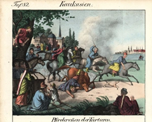Tatar men horseracing through a town in the Tatar men horseracing through a town in the