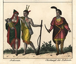 Tattooed Iroquois man, woman and baby in papoose, and chief Tattooed Iroquois man, woman and baby in papoose, and chief