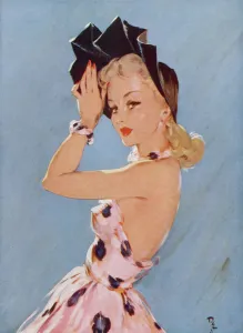 <b class=qtipBold><figcaption>Test Match by David Wright</figcaption></b><br>Test Match by David Wright, showing a blonde woman wearing a pink sundress and hat. Wright produced a series of over 160 illustrations or 'pin-ups' for 'The Sketch' during the 1940's. David Wright's 'Lovelies' proved hugely popular and adorned practically every military mess, bunker, dormitory or club room in the country during World War II.<br><em>© Estate of David Wright/ILN/Mary Evans Picture Library</em> Test Match by David Wright