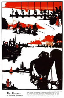 <b class=qtipBold><figcaption>The Thames by H. L. Oakley</figcaption></b><br>The Thames in summer silhouette cut by H. L. Oakley depicting rowers on the river, sailing boats and people enjoying the spectacle or a picnic on its banks.<br><em>© Illustrated London News Ltd/Mary Evans</em> The Thames by H. L. Oakley