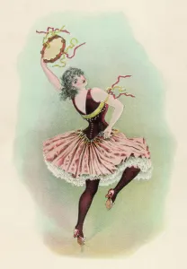 Prints of A dancing girl with tambourine and ribbons - the back cover of a programme for the Empire Theatre of Varieties, London Theatre Prints: 19th Century Print of a Dancing Girl with Tambourine and Ribbons