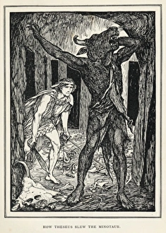 <b class=qtipBold><figcaption>Theseus Slays Minotaur</figcaption></b><br>The Minotaur, the monster kept by King Minos in his labyrinth on Crete and fed each year on the flesh of seven youths and seven maidens from Athens, is slain by Theseus.<br><em>© Mary Evans Picture Library</em> Theseus Slays Minotaur