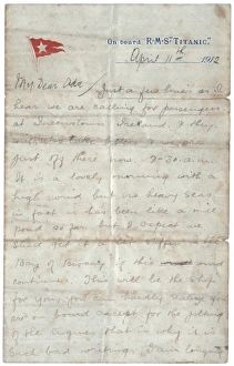 <b class=qtipBold><figcaption>Titanic Letter</figcaption></b><br>Letter written on board the Titanic using the White Star Line stationery with the recognisable red flag insignia. Written on 11 April, 3 days before the ship sank.<br><em>© Mary Evans Picture Library/ONSLOW AUCTIONS LIMITED</em> Titanic Letter