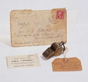Inscribed Collection: Titanic whistle and Turkish Bath ticket