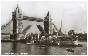 River Thames Transport Prints: Tower Bridge open to allow ships through