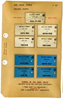 <b class=qtipBold><figcaption>Tram tickets</figcaption></b><br>Glyn Valley tramway specimen tickets Date:<br><em>© Mary Evans / National Archives</em> Tram tickets