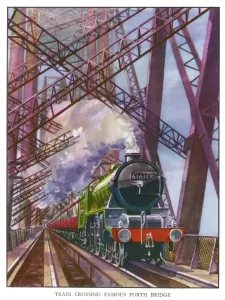 Prints of A London and North Eastern Railway train crosses the Forth Bridge, near Edinburgh, Scotland. Date: 1930s Bridge Prints: Forth Bridge Train Print