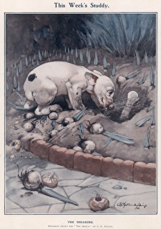 <b class=qtipBold><figcaption>The Treasure by George Studdy</figcaption></b><br>Bonzo, the comic canine creation of George Studdy, digs up countless bulbs which have been carefully planted in a garden border in an effort to retrieve his bone. Credit line must read: Estate of George Studdy/Gresham Marketing Ltd./Mary Evan"<br><em>© Estate of George Studdy/Gresham Marketing Ltd./Mary Evans</em> The Treasure by George Studdy