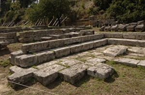 <b class=qtipBold><figcaption>The Treasuries at Olympia. Greece</figcaption></b><br>The Treasuries at Olympia. Small temple-shaped buildings located to the north side of the Altis. Were erected by Greek colonies to store valuable votive offerings. Greece.<br><em>© Thaliastock / Mary Evans</em> The Treasuries at Olympia. Greece