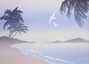 <b class=qtipBold><figcaption>A tropical shoreline</figcaption></b><br>Two seagulls fly over a tropical beach lined with palm trees. Airbrush painting by Malcolm Greensmith<br><em>© Mary Evans/Malcolm Greensmith Collection</em> A tropical shoreline