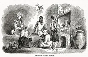 Turkish man making coffee on the hearth in small cups. Date: 1866 Turkish man making coffee on the hearth in small cups. Date: 1866