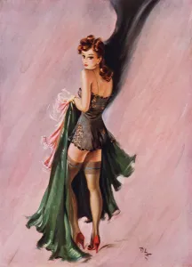 <b class=qtipBold><figcaption>About Turn ! by David Wright</figcaption></b><br>About Turn! by David Wright, using a typical military-style double-entendre to entitle an image of a woman in lingerie looking over her shoulder at the artist. Wright produced a series of over 160 illustrations or 'pin-ups' for 'The Sketch' during the 1940's. David Wright's 'Lovelies' proved hugely popular and adorned practically every military mess, bunker, dormitory or club room in the country during World War II.<br><em>© Estate of David Wright/ILN/Mary Evans Picture Library</em> About Turn ! by David Wright