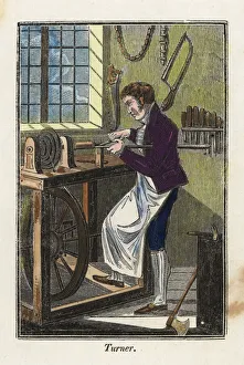 A turner in apron using a foot-powered treadle A turner in apron using a foot-powered treadle