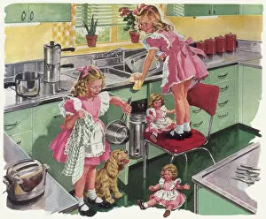 Chore Gallery: Twin Girls Do Washing Date: 1948