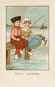 <b class=qtipBold><figcaption>Two's Company by Florence Hardy</figcaption></b><br>Two Dutch children sit on a pier and fish as ships sail in the distance.<br><em>© Mary Evans/Peter & Dawn Cope Collection</em> Two's Company by Florence Hardy