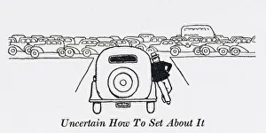 <b class=qtipBold><figcaption>Uncertain journey / W H Robinson</figcaption></b><br>A motorist leans against his car, at the onset of a journey but on seeing the traffic jam is uncertain of how to set about it. Please note: Credit must appear as (c) Courtesy of the estate of Mrs J.C.Robinson/Pollinger Ltd/Mary Evans Picture Library<br><em>© Mary Evans Picture Library 2015 - https://copyrighthub.org/s0/hub1/creation/maryevans/MaryEvansPictureID/10412151</em> Uncertain journey / W H Robinson
