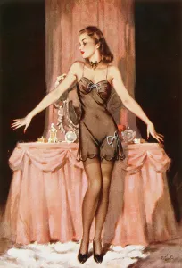 <b class=qtipBold><figcaption>Understudy by David Wright</figcaption></b><br>Understudy by David Wright, showing a model posing in a negligee. Wright produced a series of over 160 illustrations or 'pin-ups' for 'The Sketch' during the 1940's. David Wright's 'Lovelies' proved hugely popular and adorned practically every military mess, bunker, dormitory or club room in the country during World War II.<br><em>© Estate of David Wright/ILN/Mary Evans Picture Library</em> Understudy by David Wright