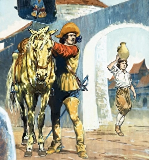 Unidentified picture of cavalier outside an inn with horse Unidentified picture of cavalier outside an inn with horse