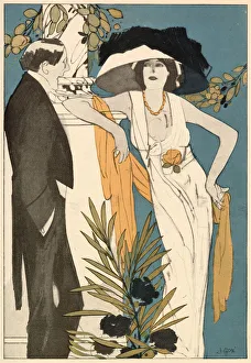 Vampish femme fatale in a sleeveless, decollete gown worn with a shawl, floral corsage Vampish femme fatale in a sleeveless, decollete gown worn with a shawl, floral corsage