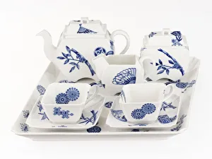 <b class=qtipBold><figcaption>'Variety' tea set</figcaption></b><br>Glazed porcelain teapot and lid decorated with the 'Variety' pattern, a transfer-printed blue design including geometric motifs, fans and bamboo, part of a tea set manufactured by Royal Worcester in 1876. Date: 1876<br><em>© The Geffrye Museum of the Home / Mary Evans Picture Library</em> 'Variety' tea set
