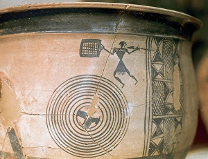 Vase with stylized representation of a soldier with spear an Vase with stylized representation of a soldier with spear an