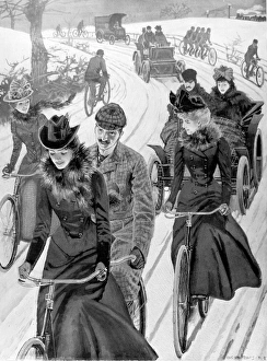Victorian Cyclists and Motorists on a Snowy Road Victorian Cyclists and Motorists on a Snowy Road