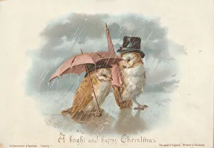 Victorian Greeting Card - Owls with Umbrella Victorian Greeting Card - Owls with Umbrella
