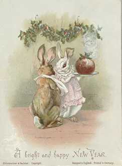 Anthropomorphism Gallery: Victorian Greeting Card - Rabbits with Plum Pudding