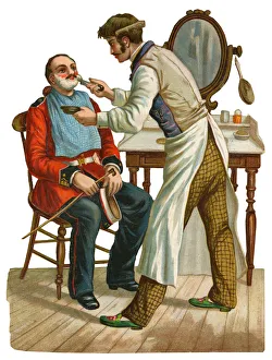 Victorian scrap, Barber shaving a soldier Victorian scrap, Barber shaving a soldier