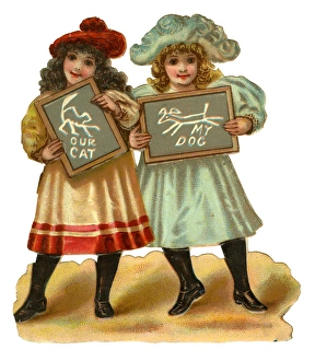 Victorian Scrap, two girls with slates Victorian Scrap, two girls with slates