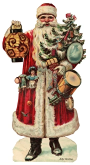 Victorian scrap - Santa with lantern, tree and presents Victorian scrap - Santa with lantern, tree and presents