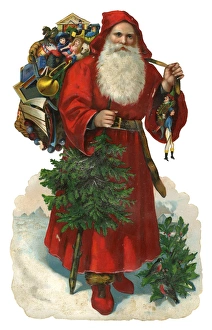 Victorian scrap - Santa with tree and sack of presents Victorian scrap - Santa with tree and sack of presents