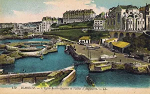 <b class=qtipBold><figcaption>A view of Biarritz</figcaption></b><br>A view of Biarritz showing L'Eglise Sainte-Eugenie and the Hotel Angleterre Date: 1910-1920<br><em>© Mary Evans / Jazz Age Club Collection</em> A view of Biarritz