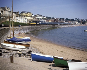 Dawlish Gallery: View of cove with boats and train, Dawlish, Devon