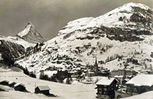 View of Matterhorn, Zermatt, Switzerland, snow-covered scene. Date: circa late 1930s View of Matterhorn, Zermatt, Switzerland, snow-covered scene. Date: circa late 1930s