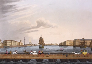 <b class=qtipBold><figcaption>View of St Petersburgh, by Mornay</figcaption></b><br>View of the Centre of the Great Bridge of the Neva, and of St Petersburgh, a hand-coloured aquatint by Clark and Dubourgh after Mornay, published by Edward Orme, 1815. Date: 1815<br><em>© Mary Evans Picture Library</em> View of St Petersburgh, by Mornay