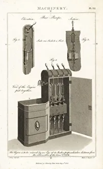 Views and elevations of an 18th century beer pump machine Views and elevations of an 18th century beer pump machine