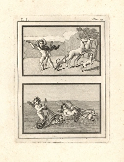 Vignettes of cupids or genii playing at hunting and racing Vignettes of cupids or genii playing at hunting and racing