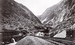 Vintage 19th century photograph - entrance to the St Gotthard tunnel, railway line Vintage 19th century photograph - entrance to the St Gotthard tunnel, railway line