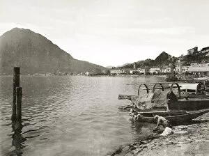 Vintage 19th century photograph - view of the shore of Lugano town and the lake