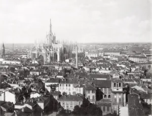 Vintage late 19th century photograph - rooftop view of Milan showing the cathedral, Duomo Vintage late 19th century photograph - rooftop view of Milan showing the cathedral, Duomo