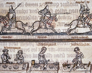 Virtues of knights and civility at the table. Miniature, 14t Virtues of knights and civility at the table. Miniature, 14t
