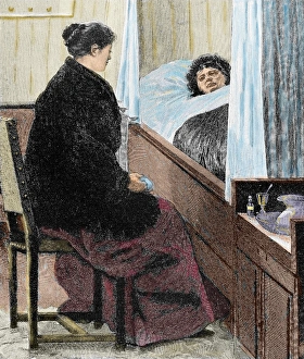 Visiting a sick woman. Colored engraving Visiting a sick woman. Colored engraving