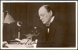 <b class=qtipBold><figcaption>W Churchill/Pcard/1933</figcaption></b><br>WINSTON CHURCHILL British statesman and author Reading correspondence at his desk in 1933<br><em>© Mary Evans Picture Library</em> W Churchill/Pcard/1933