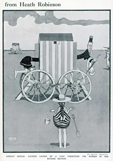 <b class=qtipBold><figcaption>W. Heath Robinson</figcaption></b><br>Cartoon, Seaside Stunt. A curious optical illusion caused by a woman forgetting the number of her bathing machine. She surprises a man in his beach hut. Please note: Credit must appear as Courtesy of the Estate of Mrs J.C.Robinson/Pollinger Ltd/ILN/Mary Evan"<br><em>© Mary Evans Picture Library 2015 - https://copyrighthub.org/s0/hub1/creation/maryevans/MaryEvansPictureID/10236145</em> W. Heath Robinson