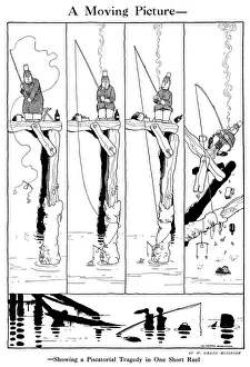 <b class=qtipBold><figcaption>W. Heath Robinson</figcaption></b><br>Cartoon, A Moving Picture. Showing a Piscatorial tragedy in one short reel as a fisherman plunges into the sea as his pier collapses in a fishing accident. Please note: Credit must appear as Courtesy of the Estate of Mrs J.C.Robinson/Pollinger Ltd/ILN/Mary Evan"<br><em>© Mary Evans Picture Library 2015 - https://copyrighthub.org/s0/hub1/creation/maryevans/MaryEvansPictureID/10236229</em> W. Heath Robinson