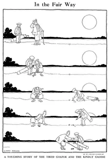 <b class=qtipBold><figcaption>W. Heath Robinson</figcaption></b><br>Cartoon, In the Fair Way. A touching story of the tired golfer and the kindly caddie playing golf at the end of the day. Please note: Credit must appear as Courtesy of the Estate of Mrs J.C.Robinson/Pollinger Ltd/ILN/Mary Evan"<br><em>© Courtesy of the estate of Mrs J.C.Robinson/Pollinger Ltd/ILN/Mary Evans Picture Library</em> W. Heath Robinson