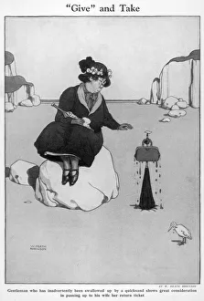<b class=qtipBold><figcaption>W. Heath Robinson</figcaption></b><br>Cartoon, Give and Take. A man swallowed up by quicksand shows great consideration in passing up to his wife her return ticket with his umbrella. Please note: Credit must appear as Courtesy of the Estate of Mrs J.C.Robinson/Pollinger Ltd/ILN/Mary Evan"<br><em>© Courtesy of the estate of Mrs J.C.Robinson/Pollinger Ltd/ILN/Mary Evans Picture Library</em> W. Heath Robinson