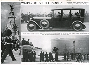 <b class=qtipBold><figcaption>Waiting to See the Princess</figcaption></b><br>Double page spread from The Sphere showing animated scenes outside the gates of Buckingham Palace the week before the wedding between Prince George, Duke of Kent and Princess Marina of Greece. Crowds assembled hoping to catch a glimpse of the future Duchess of Kent and they were not disappointed. Princess Marina left the palace in the royal car twice; once to inspect the wedding presents at St. James's Palace and a second time to visit No 3 Belgrave Square, where the couple would make their home. Date: 1934<br><em>© Illustrated London News Ltd/Mary Evans</em> Waiting to See the Princess