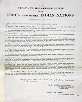 <b class=qtipBold><figcaption>War of 1812</figcaption></b><br>War of 1812 poster encouraging Creek Indians to side with the British 1814 Date: 1814<br><em>© Mary Evans / National Archives</em> War of 1812